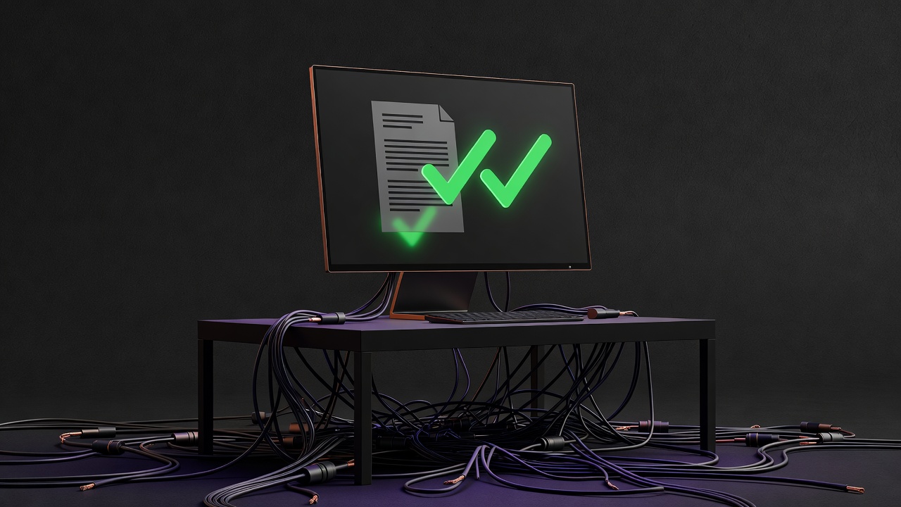 Contract page showing acceptance checkmarks beside an inactive system interface with loose cables visible below