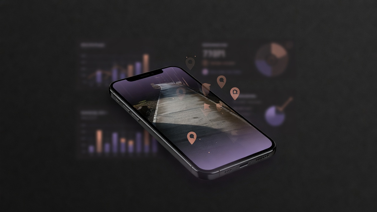 Smartphone displaying a contractor photo of a repaired path with overlaid indicators of recurring faults and obscured performance metrics