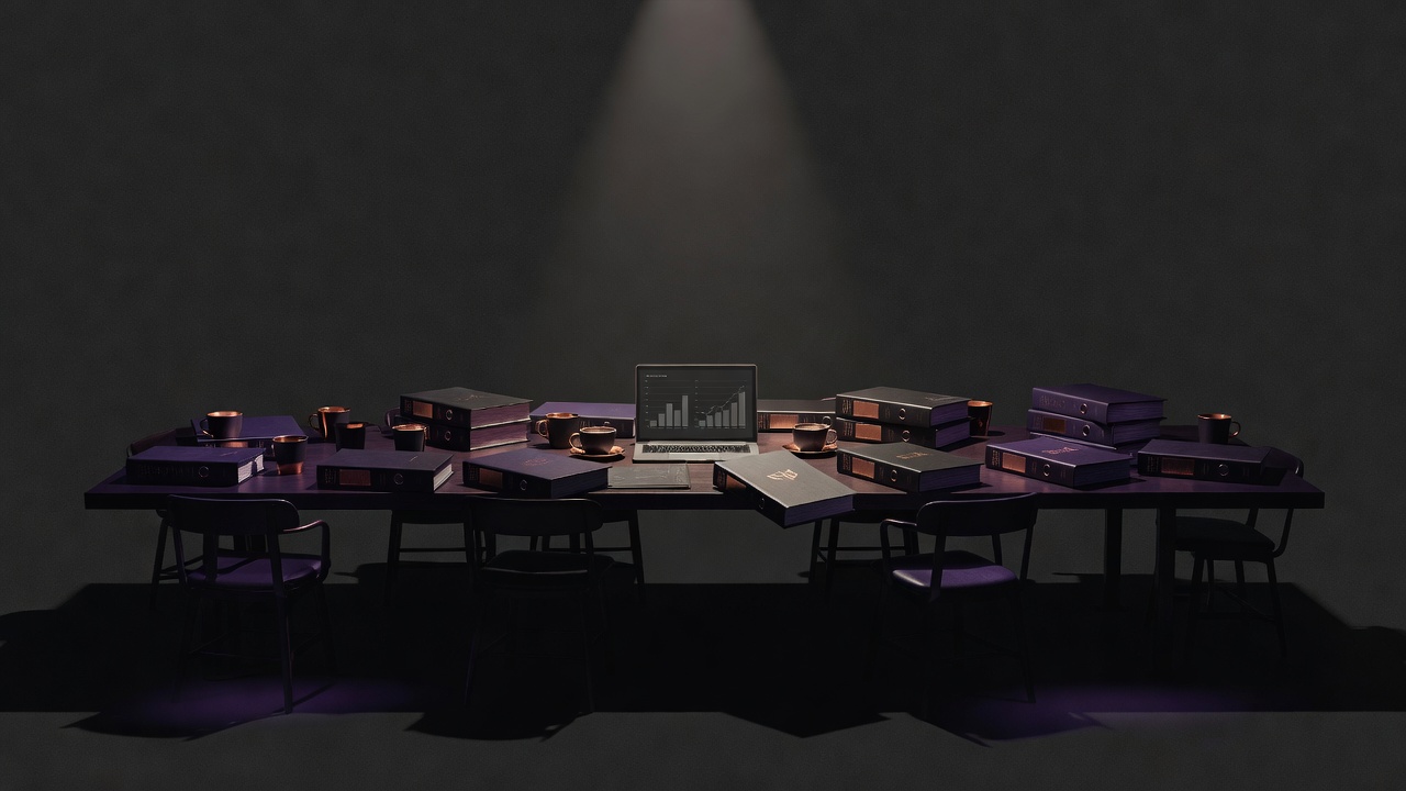 Dark boardroom scene with abandoned AI strategy binders and an unused laptop displaying placeholder charts