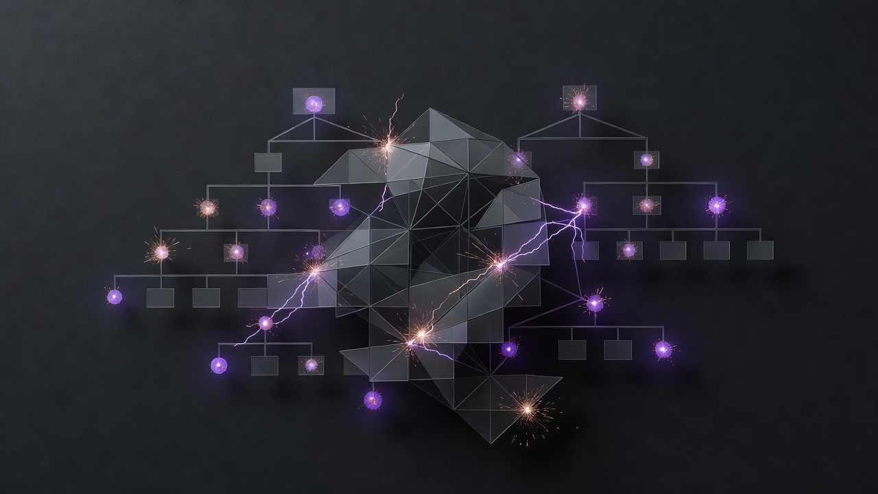 Overlapping org charts disrupted by AI decision nodes in a dark editorial style