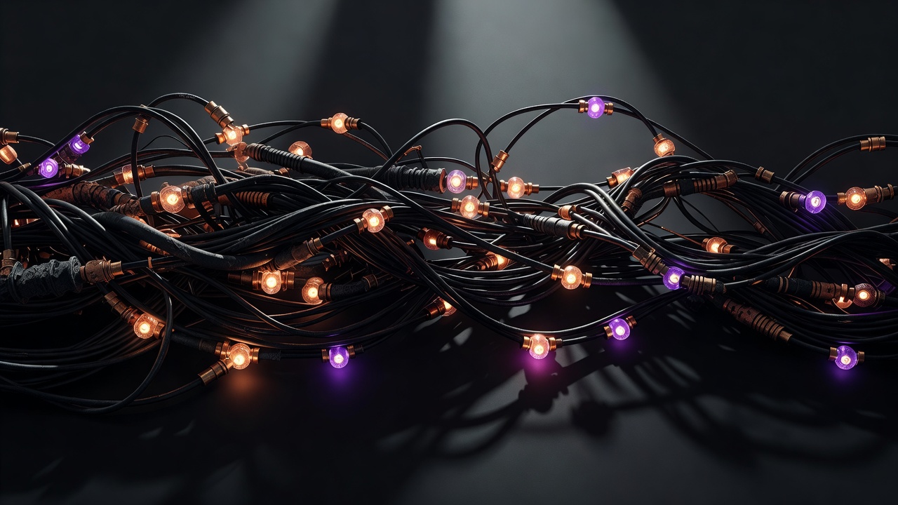 Dark illustration showing tangled cables representing AI integration debt in enterprise systems