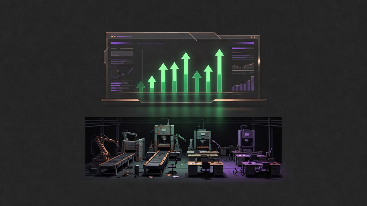 Corporate dashboard showing rising AI metrics above an unchanged operational reality