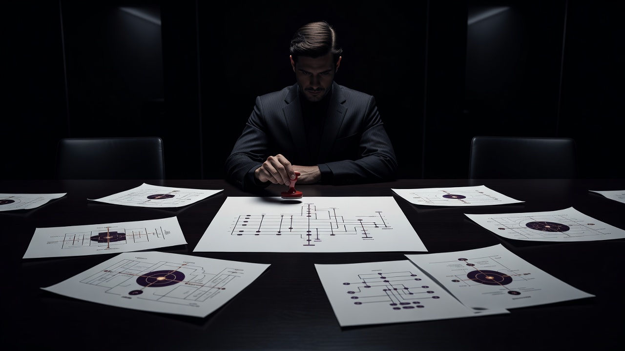 Boardroom table strewn with AI strategy documents and one decision-rights document under a red stamp