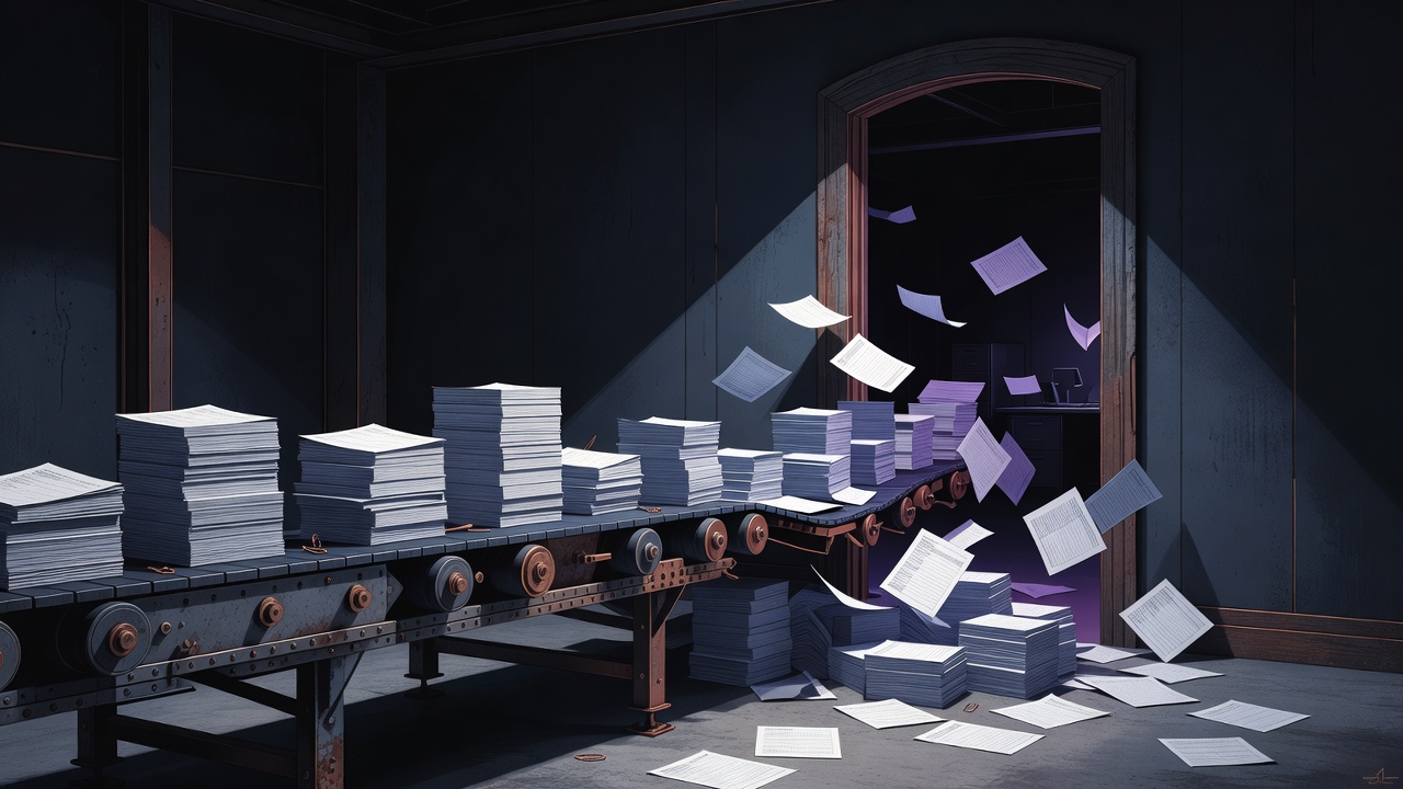 Conveyor belt stopping at an office door with scattered paper forms