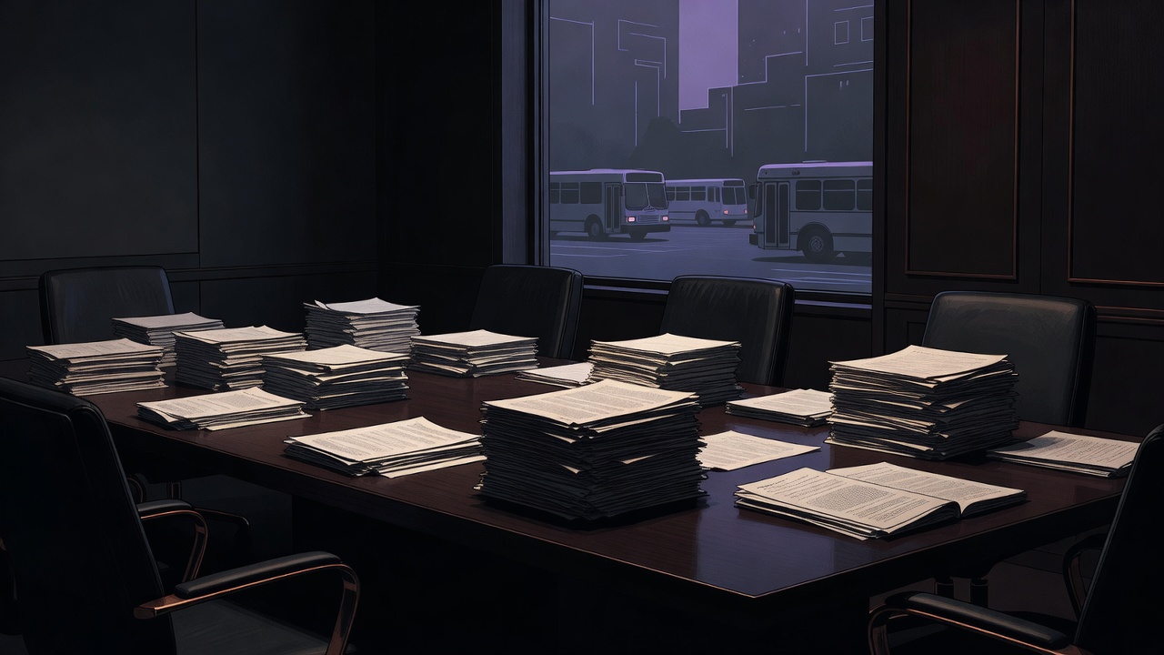 Dimly lit council room with tall stacks of activity reports and empty service vehicles visible outside