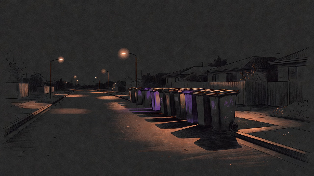 Wheelie bins lined along a quiet Melbourne street at night