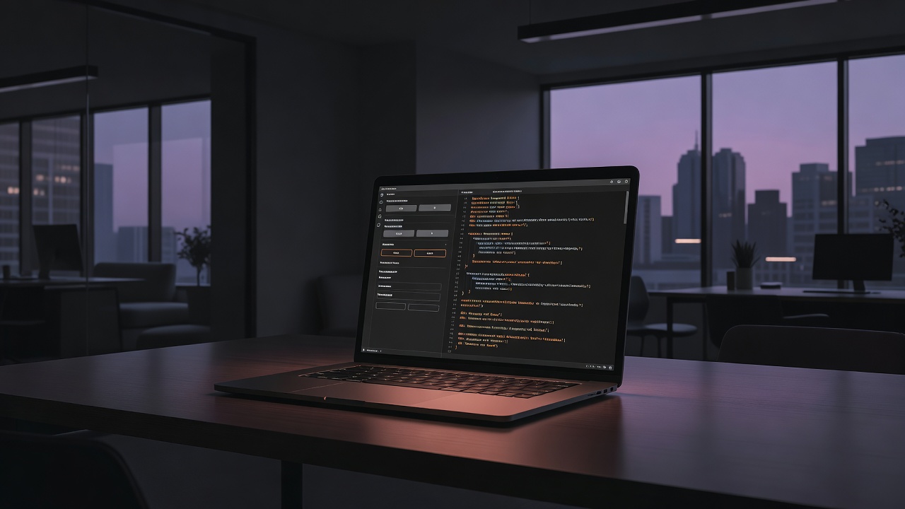 Laptop displaying incomplete product code and live errors on a dark desk