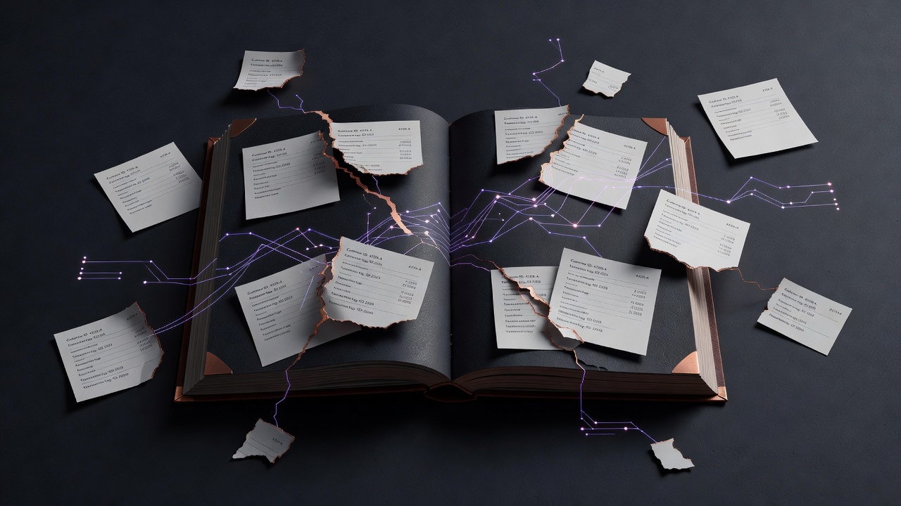 Fragmented duplicate records disrupting an AI forecast graph on a dark background