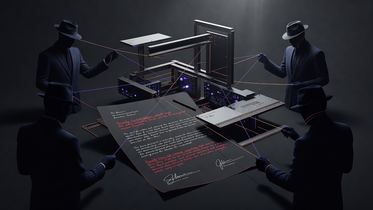 Contract document entangled with consultant strings around an unfinished platform