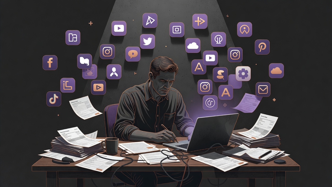 Founder at desk buried under overlapping software subscription notices and app windows