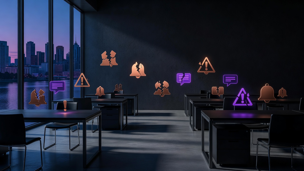Fractured alert chain across deserted desks in a dark engineering office
