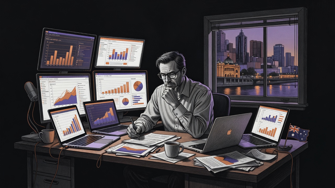 Owner surrounded by disconnected software interfaces on multiple screens in a dim office setting