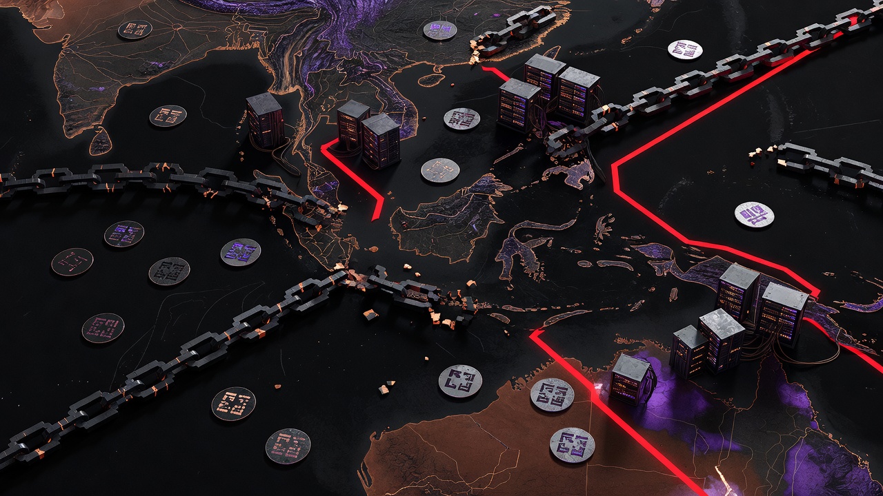 Abstract rendering of broken identity chains overlaid on a regional map with residency boundaries highlighted