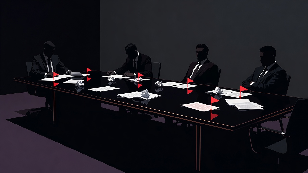 Board table with red override markers on AI decision documents under dim lighting