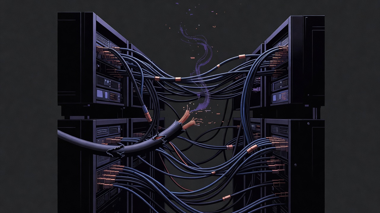 Shadowed server racks with frayed API connection symbolising broken data contracts