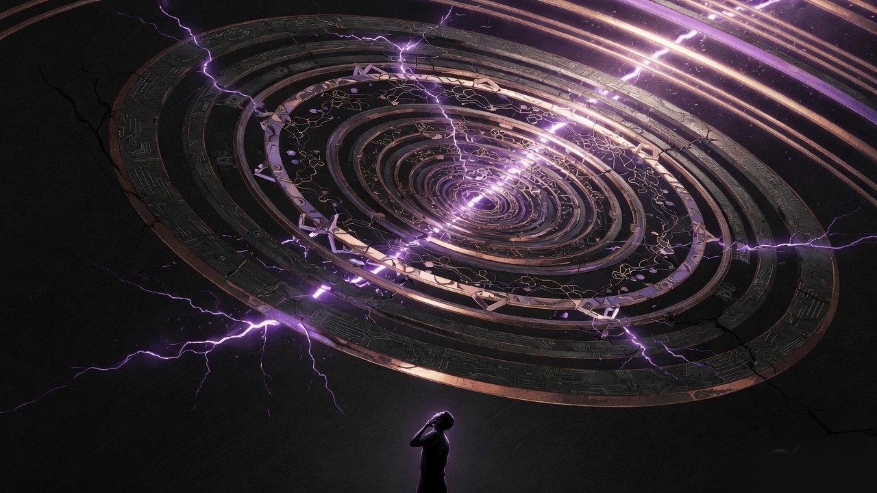 A lone human silhouette looking up at a vast copper-and-violet machine intelligence folding in on itself