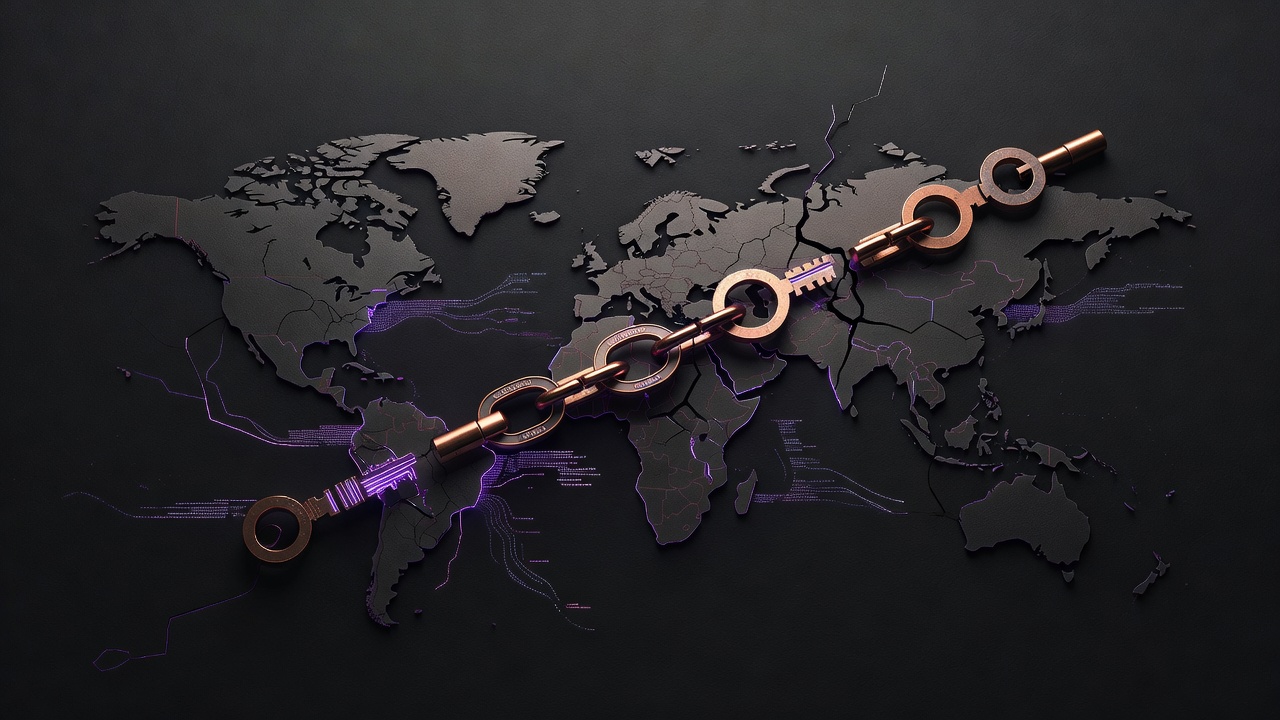 Abstract network of identity tokens crossing international borders with visible data leakage