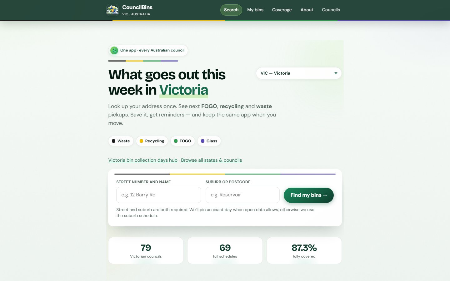 CouncilBins — desktop homepage screenshot
