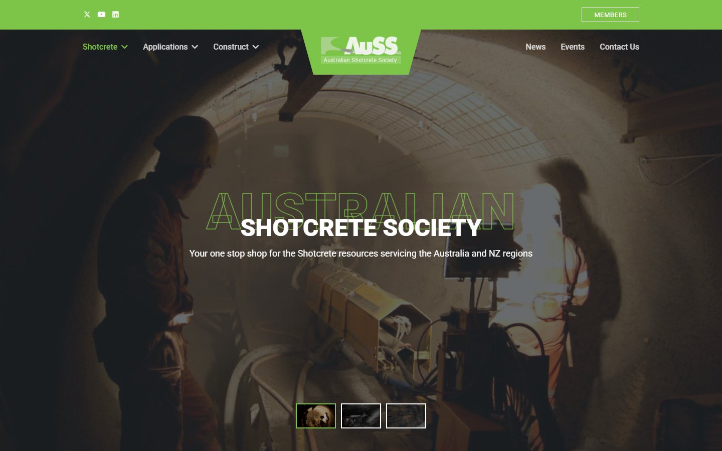 Shotcrete Society — desktop homepage screenshot