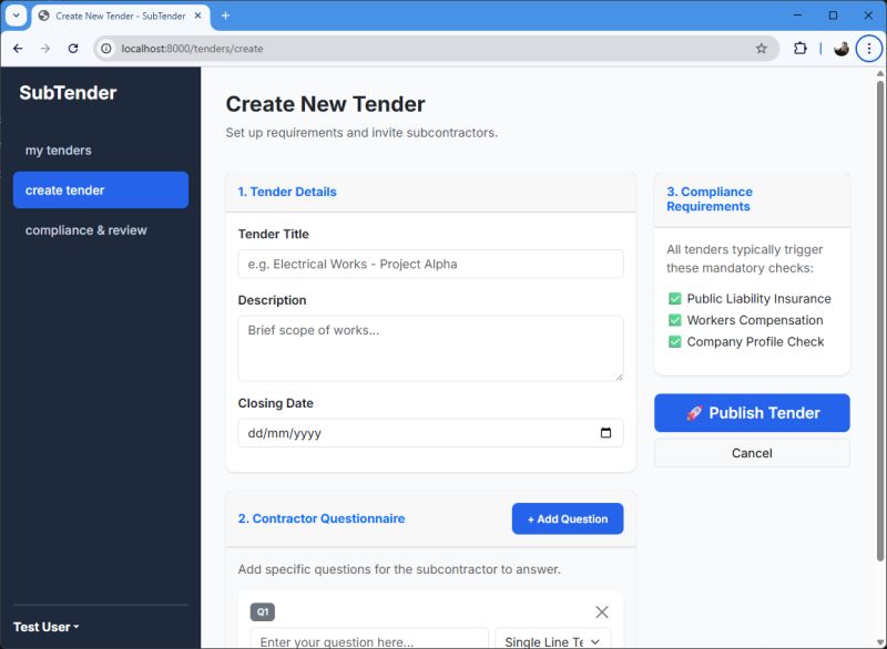 TenderChain — Create New Tender with tender details, contractor questionnaire and compliance requirements
