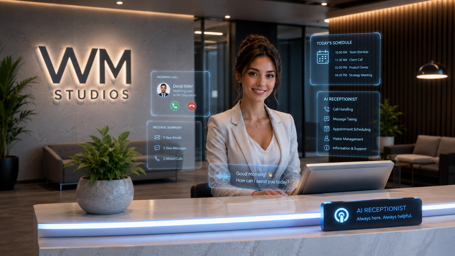 WM Studios AI Virtual Receptionist at the front desk — holographic call handling, today’s schedule, message summary and visitor support