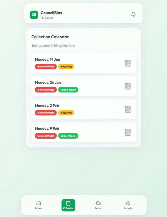 CouncilBins calendar — upcoming collections with general waste, recycling and green waste tags