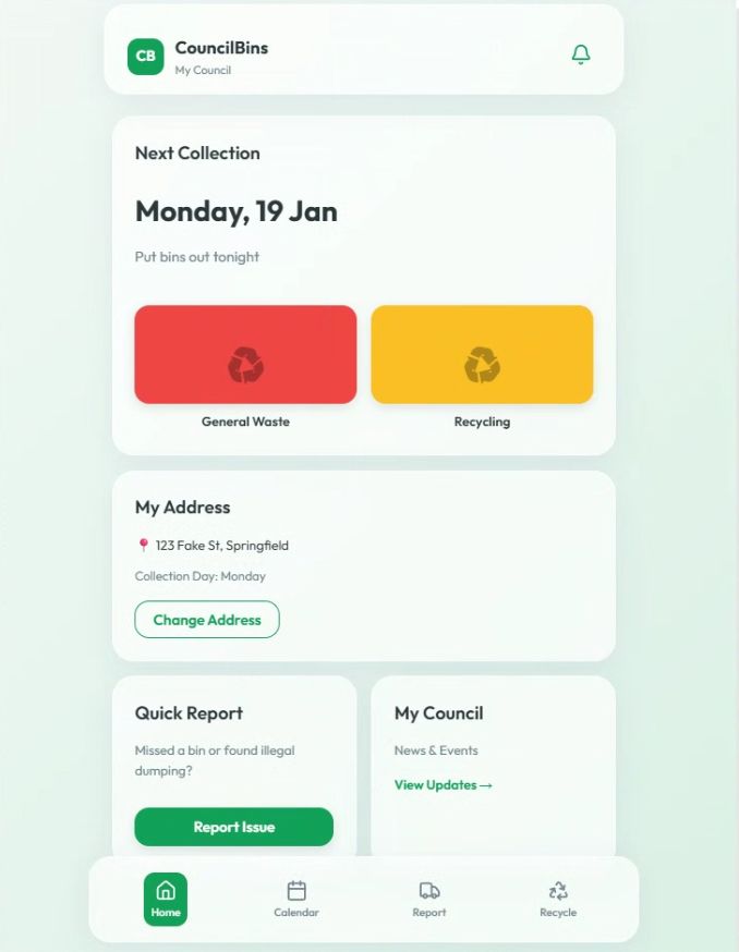 CouncilBins home — next collection Monday 19 Jan, general waste and recycling, address and quick report
