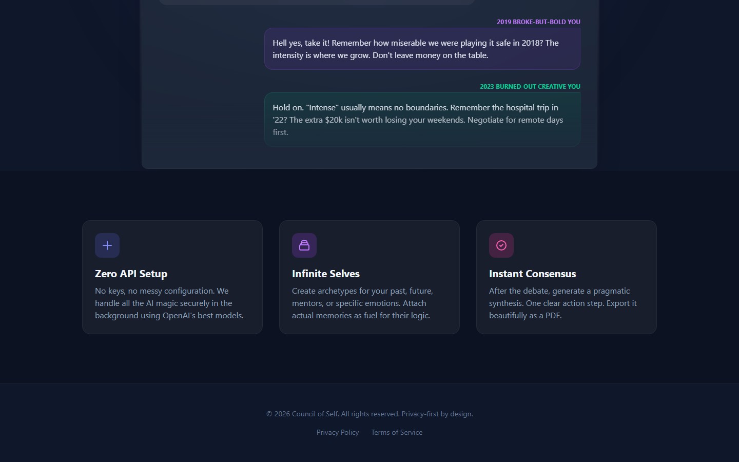 Council of Self features — Zero API Setup, Infinite Selves, Instant Consensus