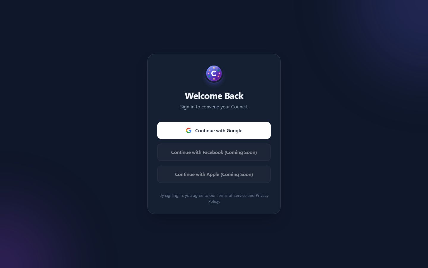 Council of Self sign-in — Welcome Back, Continue with Google