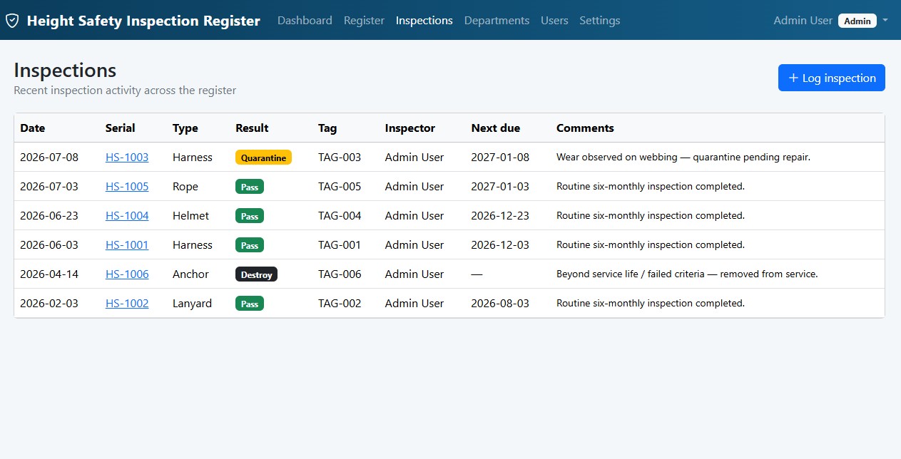 Inspect inspections table — date, serial, type, result, tag, inspector, next due, comments