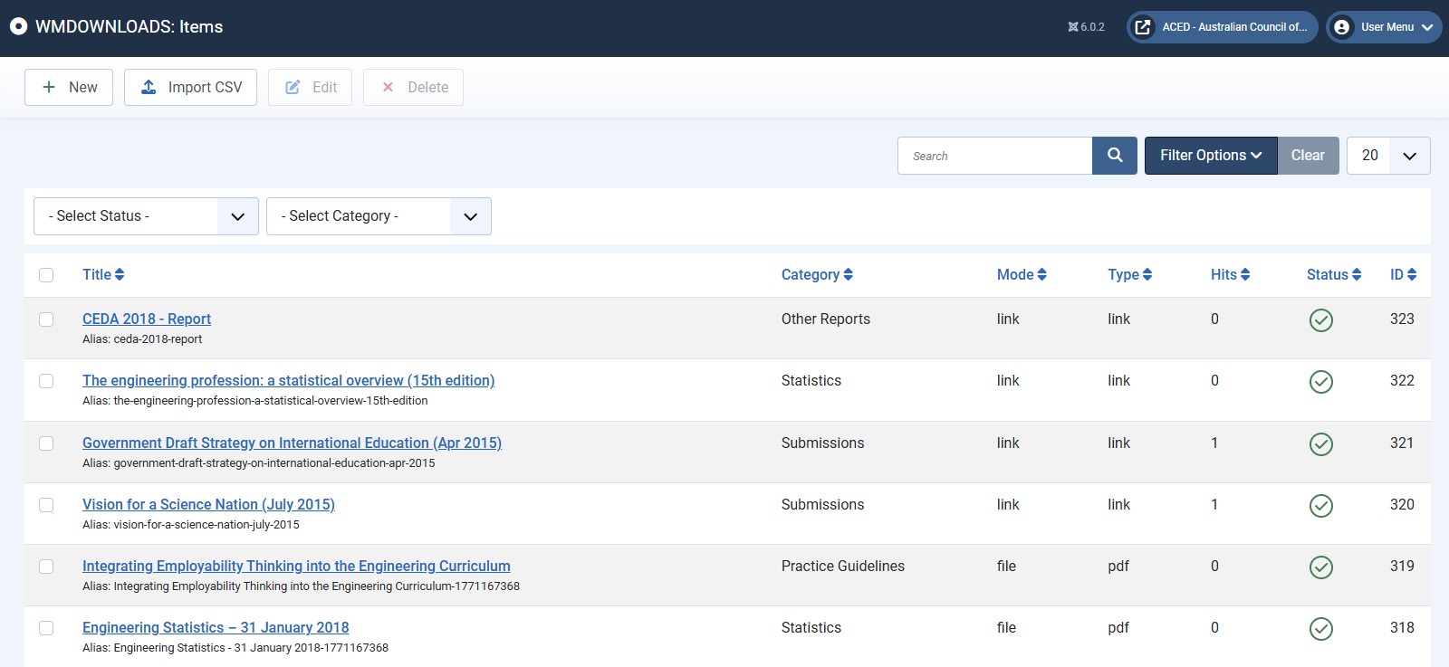 Admin — items list & filters
